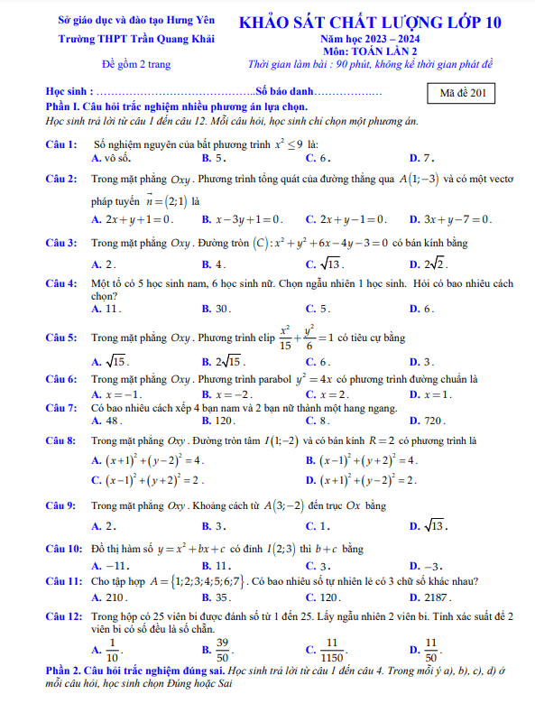 đề kscl toán 10 lần 2 năm 2023 – 2024 trường thpt trần quang khải – hưng yên