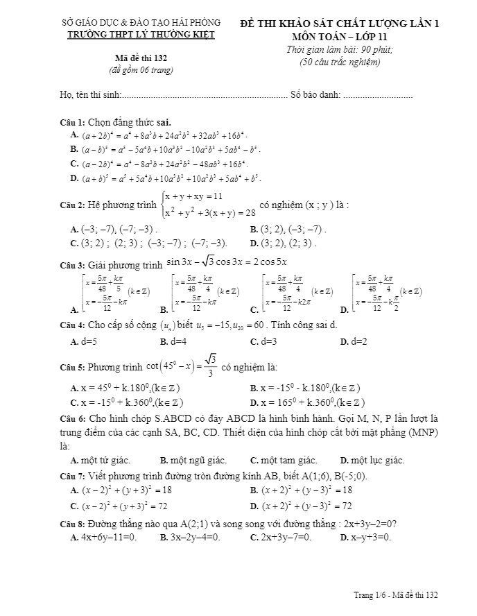 đề kscl toán 11 lần 1 trường thpt lý thường kiệt – hải phòng