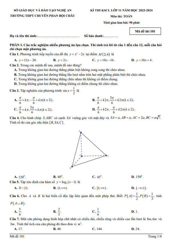 đề kscl toán 11 năm 2023 – 2024 trường thpt chuyên phan bội châu – nghệ an
