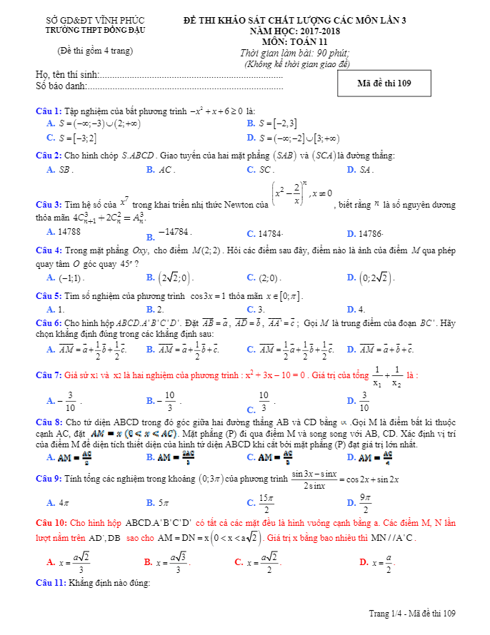 đề kscl toán 11 năm học 2017 – 2018 trường thpt đồng đậu – vĩnh phúc lần 3