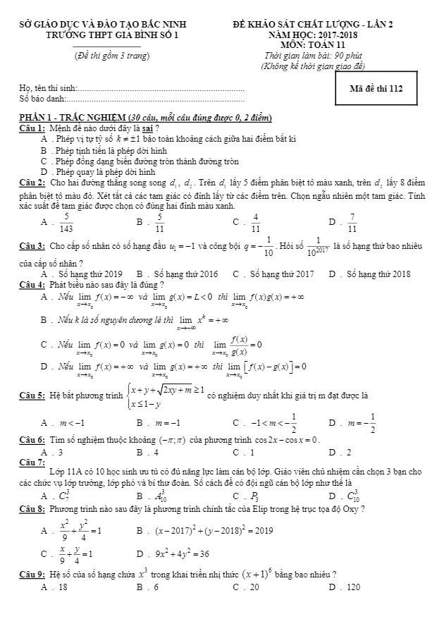 đề kscl toán 11 năm học 2017 – 2018 trường thpt gia bình số 1 – bắc ninh
