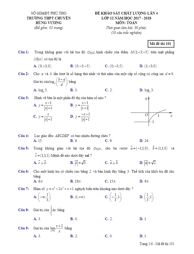 đề kscl toán 12 năm 2017 – 2018 trường chuyên hùng vương – phú thọ lần 4