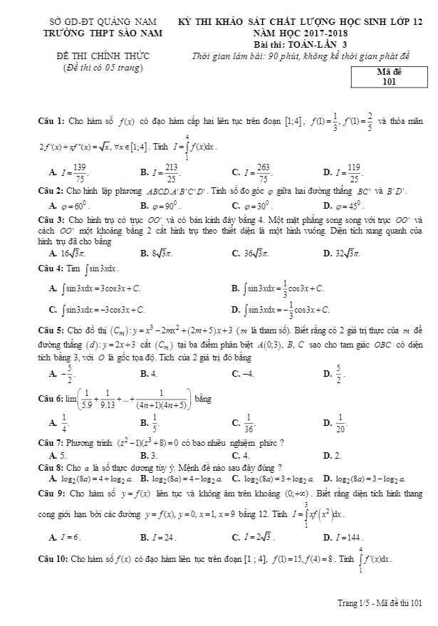đề kscl toán 12 năm 2017 – 2018 trường sào nam – quảng nam lần 3