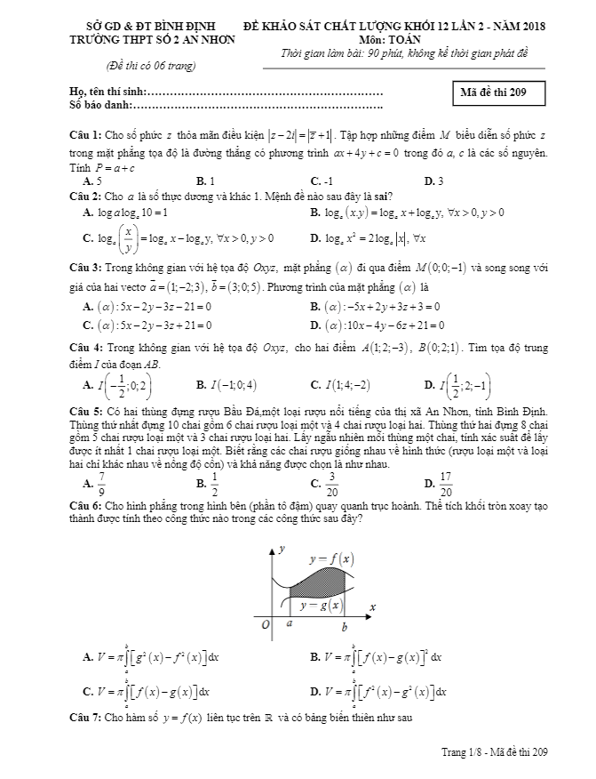 đề kscl toán 12 năm 2018 trường thpt số 2 an nhơn – bình định lần 2