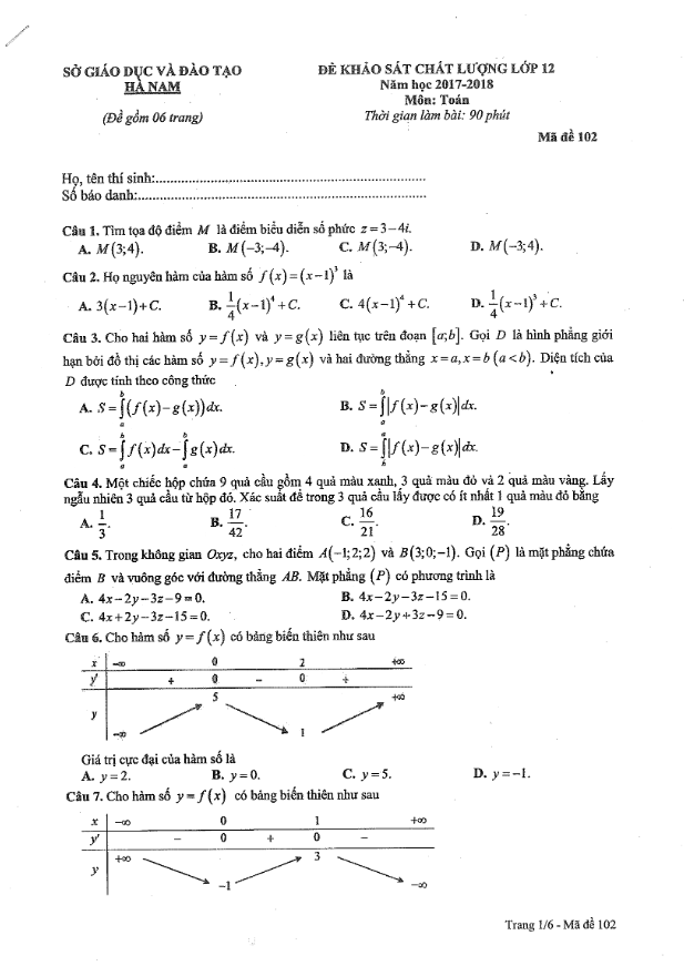 đề kscl toán 12 năm học 2017 – 2018 sở gd và đt hà nam