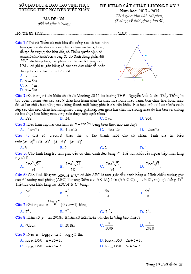 đề kscl toán 12 năm học 2017 – 2018 trường thpt nguyễn viết xuân – vĩnh phúc lần 2