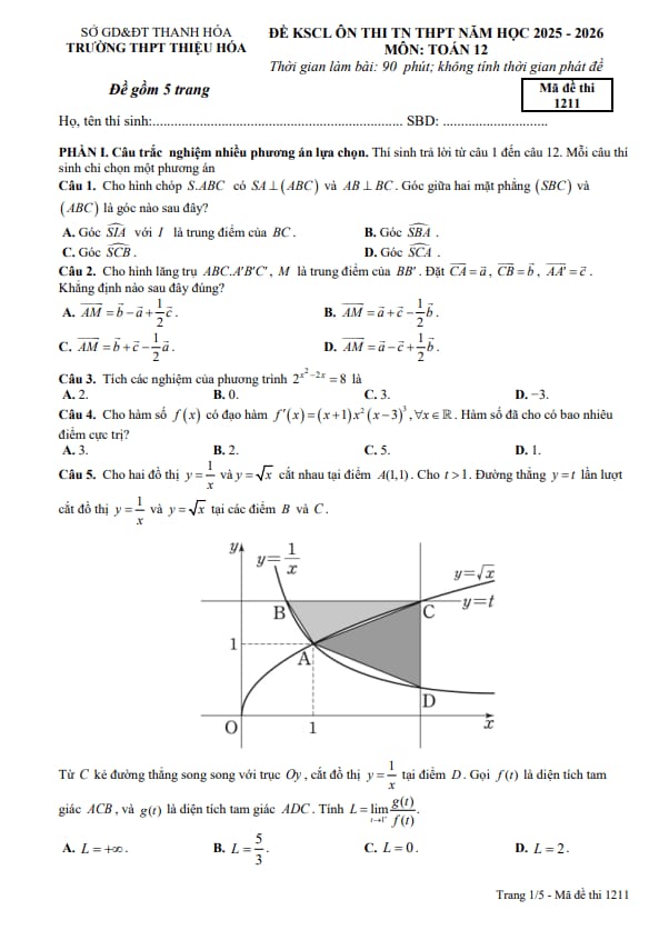 đề kscl toán 12 ôn thi tn thpt 2026 trường thpt thiệu hóa – thanh hóa