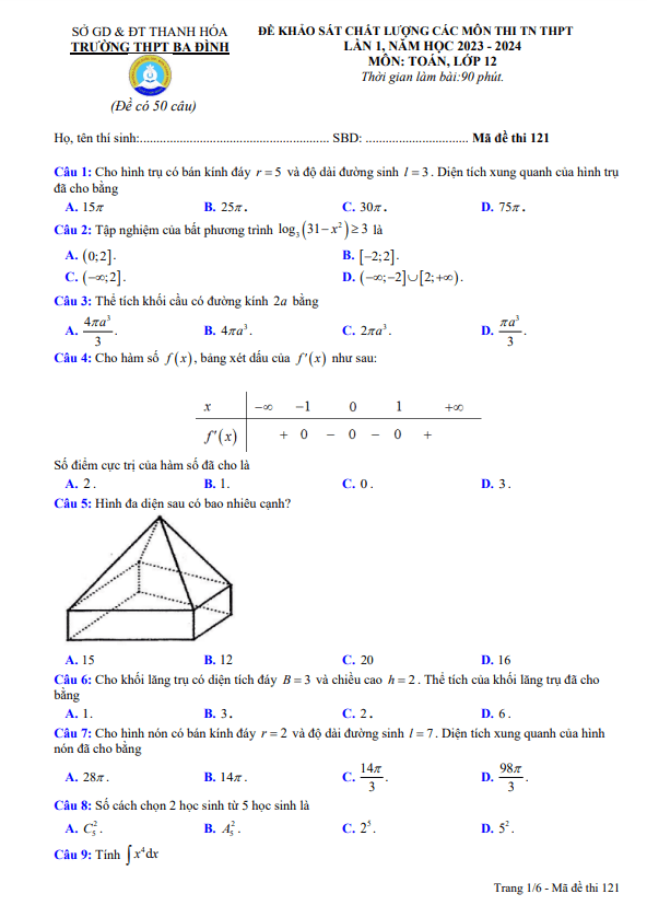 đề kscl toán 12 thi tn thpt 2024 lần 1 trường thpt ba đình – thanh hóa