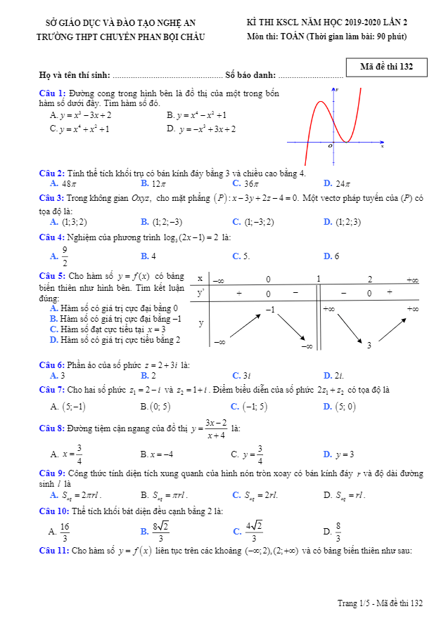 đề kscl toán lần 2 năm 2019 – 2020 trường thpt chuyên phan bội châu – nghệ an