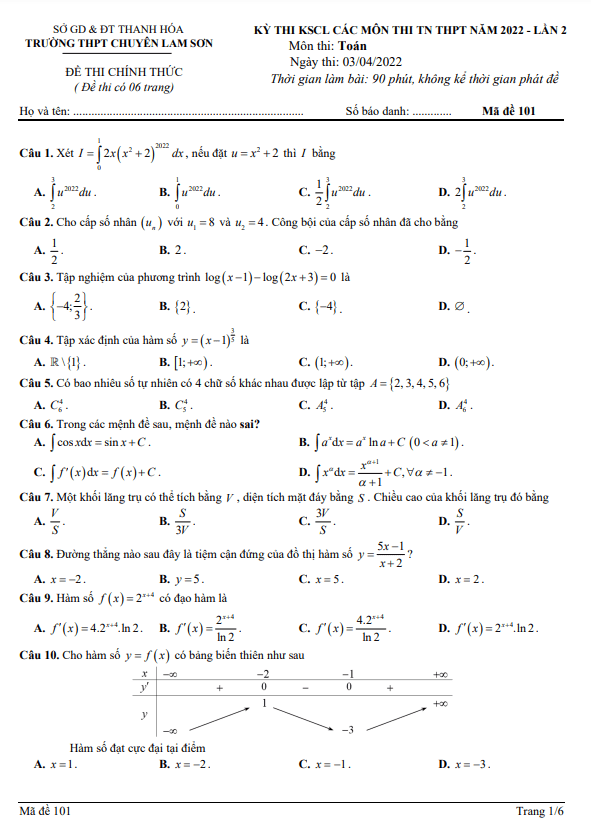 đề kscl toán thi tn thpt 2022 lần 2 trường chuyên lam sơn – thanh hóa