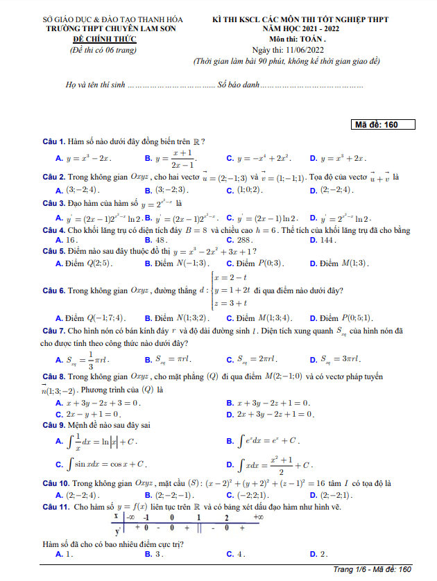 đề kscl toán thi tn thpt 2022 lần 3 trường chuyên lam sơn – thanh hóa
