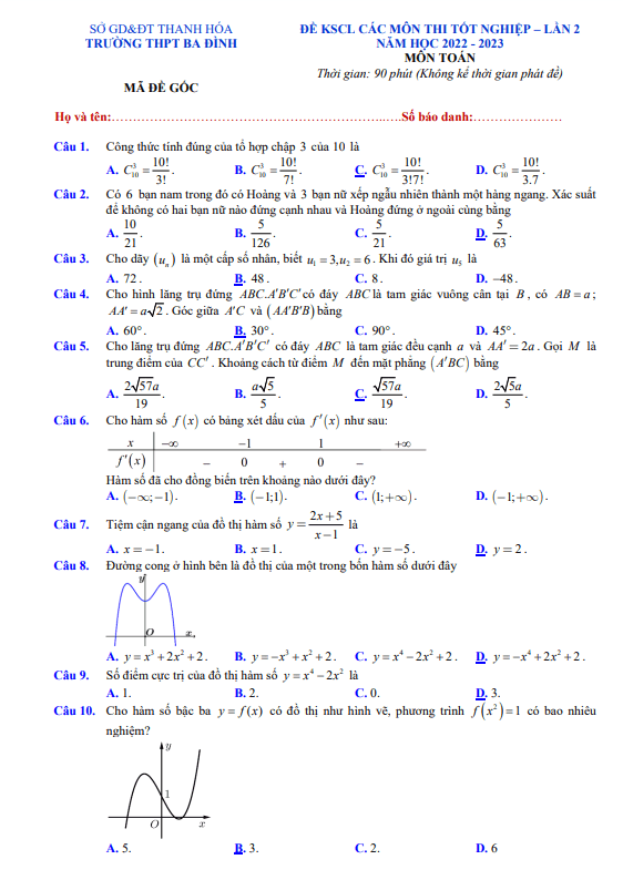 đề kscl toán thi tốt nghiệp thpt 2023 lần 2 trường thpt ba đình – thanh hóa
