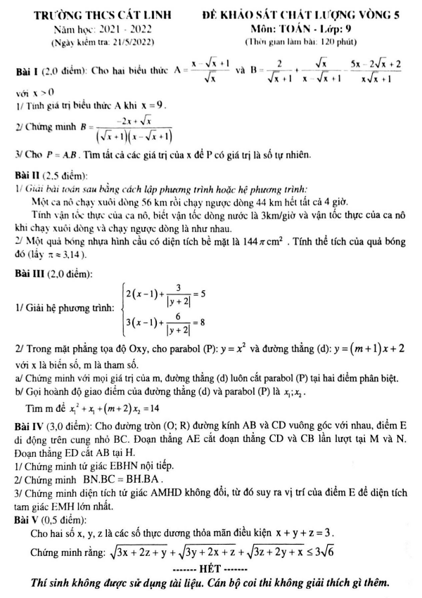 đề kscl vòng 5 toán 9 năm 2021 – 2022 trường thcs cát linh – hà nội