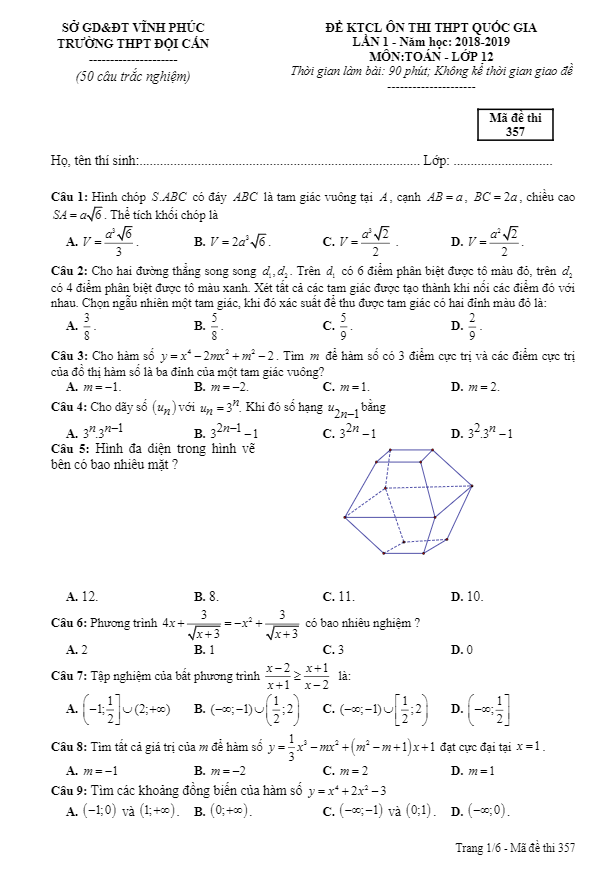 đề ktcl ôn thi thpt quốc gia 2019 môn toán trường thpt đội cấn – vĩnh phúc lần 1