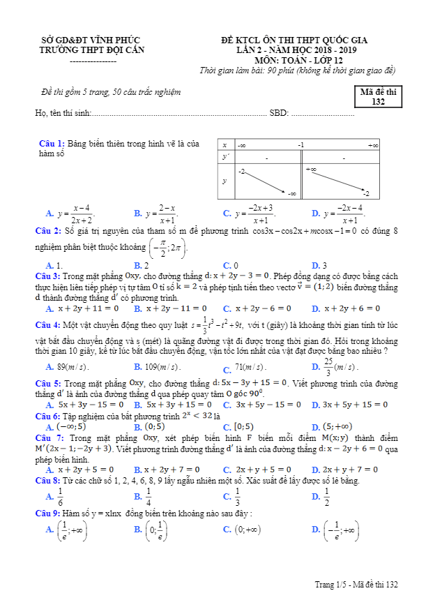 đề ktcl ôn thi thpt quốc gia 2019 môn toán trường thpt đội cấn – vĩnh phúc lần 2