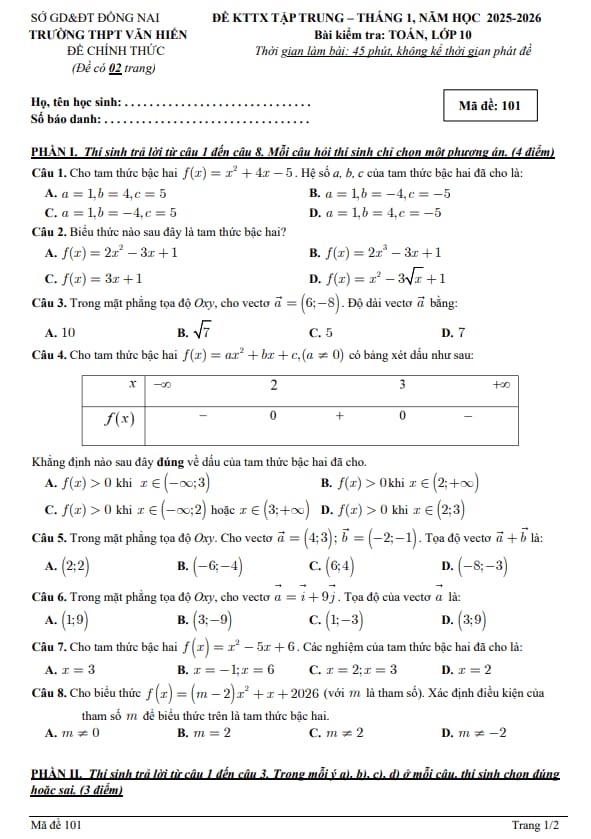 đề kttx tập trung toán 10 tháng 1 năm 2026 trường thpt văn hiến – đồng nai