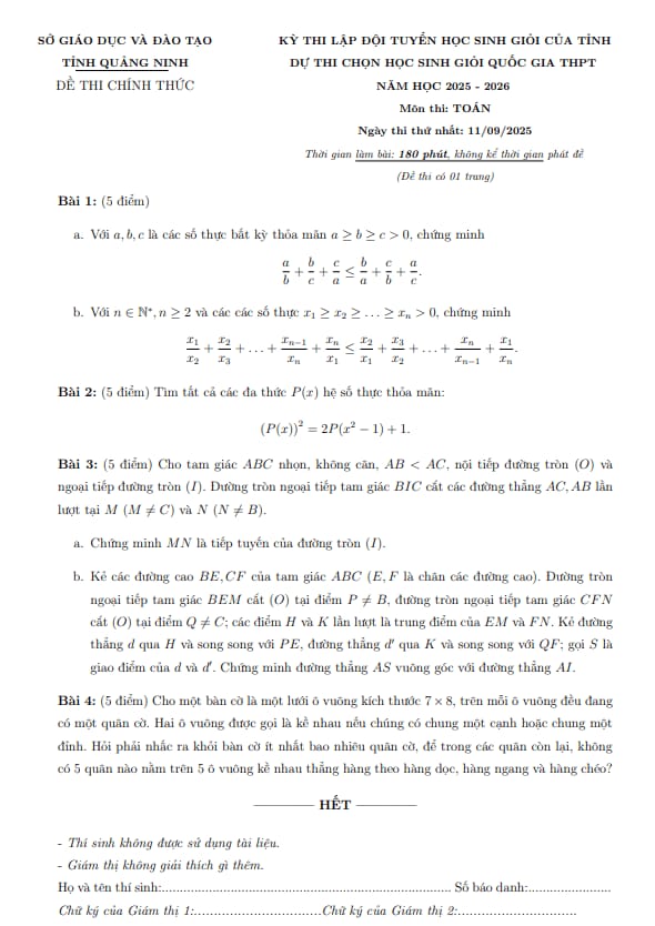 đề lập đội tuyển thi hsg qg môn toán thpt năm 2025 – 2026 sở gd&đt quảng ninh