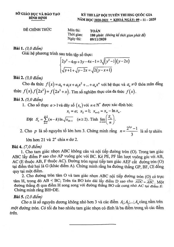 đề lập đội tuyển thi hsg toán quốc gia năm 2020 – 2021 sở gd&đt bình định