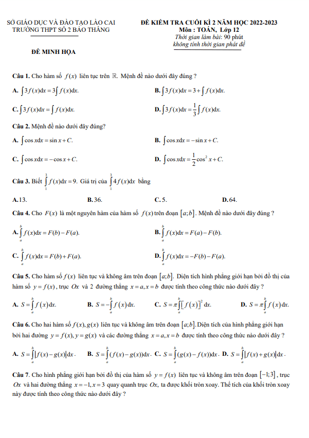 đề minh họa cuối kì 2 toán 12 năm 2022 – 2023 trường thpt bảo thắng 2 – lào cai