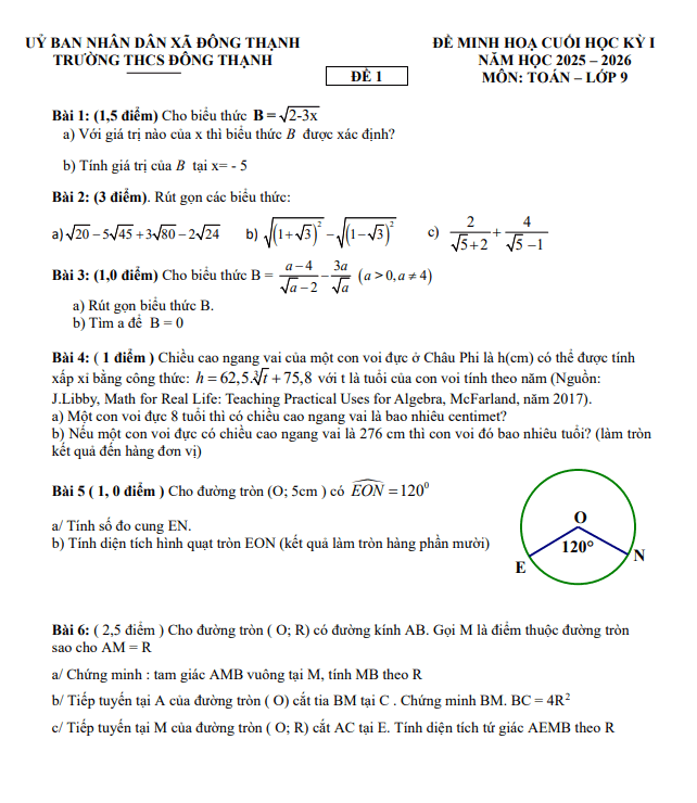 đề minh họa cuối kỳ 1 toán 9 năm 2025 – 2026 trường thcs đông thạnh – tp hcm