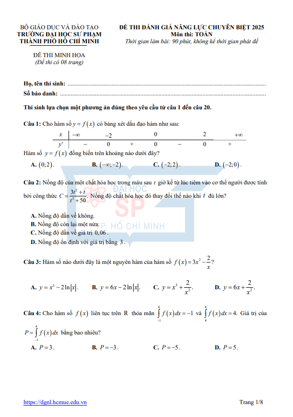 đề minh họa đánh giá năng lực môn toán năm 2025 trường đhsp tp hồ chí minh