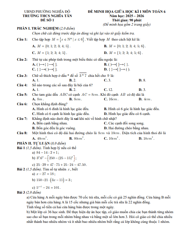 đề minh họa giữa kì 1 toán 6 năm 2025 – 2026 trường thcs nghĩa tân – hà nội