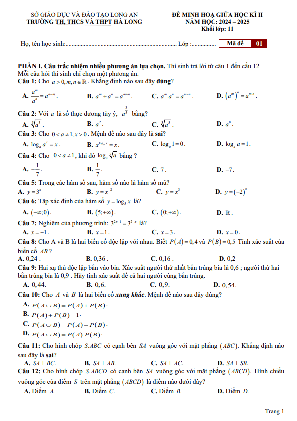 đề minh họa giữa kì 2 toán 11 năm 2024 – 2025 trường hà long – long an