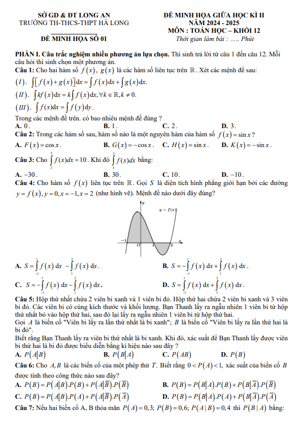 đề minh họa giữa kì 2 toán 12 năm 2024 – 2025 trường hà long – long an