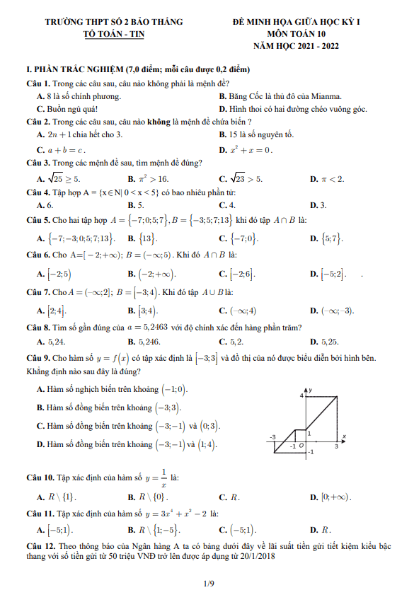 đề minh họa giữa kỳ 1 toán 10 năm 2021 – 2022 trường thpt bảo thắng 2 – lào cai