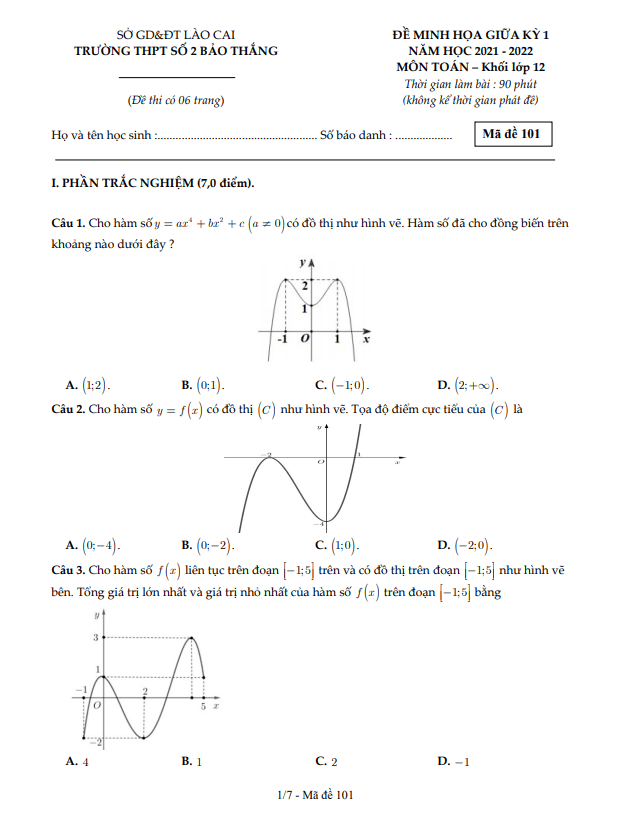 đề minh họa giữa kỳ 1 toán 12 năm 2021 – 2022 trường thpt bảo thắng 2 – lào cai