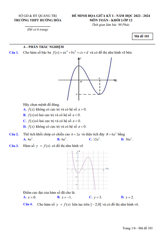 đề minh họa giữa kỳ 1 toán 12 năm 2023 – 2024 trường thpt hướng hóa – quảng trị