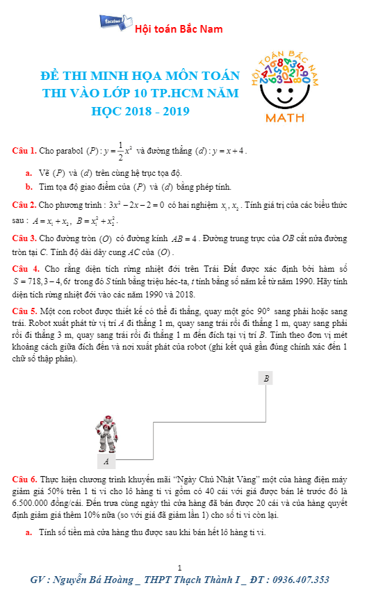 đề minh họa kỳ thi tuyển sinh lớp 10 thpt năm học 2018 – 2019 môn toán sở gd và đt tp. hcm