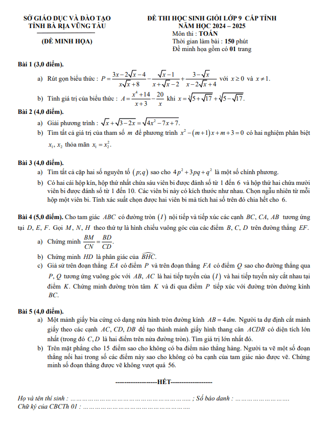 đề minh họa thi hsg toán 9 năm 2024 – 2025 sở gd&đt bà rịa – vũng tàu