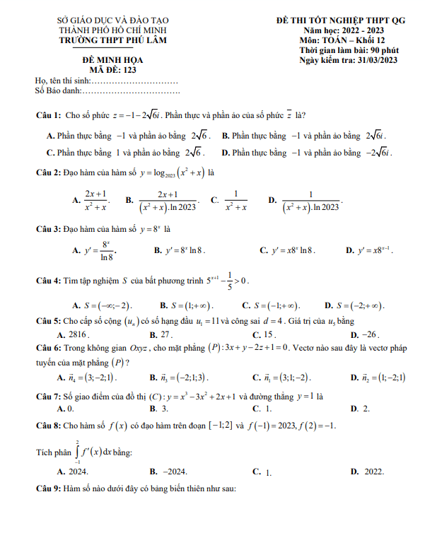 đề minh họa thi tn thpt 2023 môn toán trường thpt phú lâm – tp hcm
