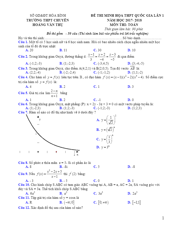 đề minh họa thptqg 2018 môn toán lần 1 trường chuyên hoàng văn thụ – hòa bình
