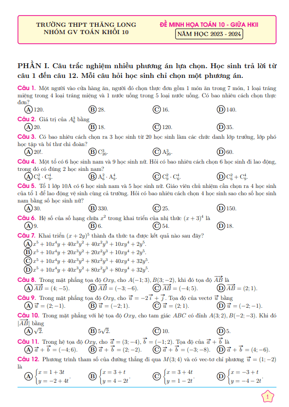 đề minh họa toán 10 giữa kì 2 năm 2023 – 2024 trường thpt thăng long – tp hcm