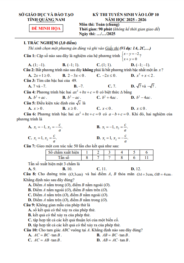 đề minh họa tuyển sinh lớp 10 môn toán (chung) năm 2025 – 2026 sở gd&đt quảng nam