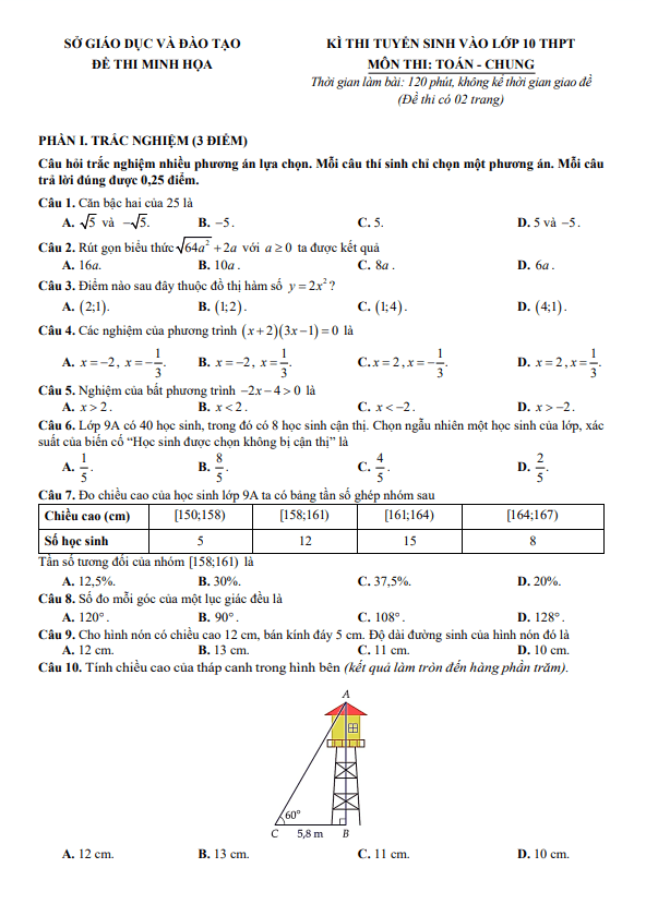 đề minh họa tuyển sinh lớp 10 môn toán (chung) năm 2025 – 2026 sở gd&đt quảng ninh