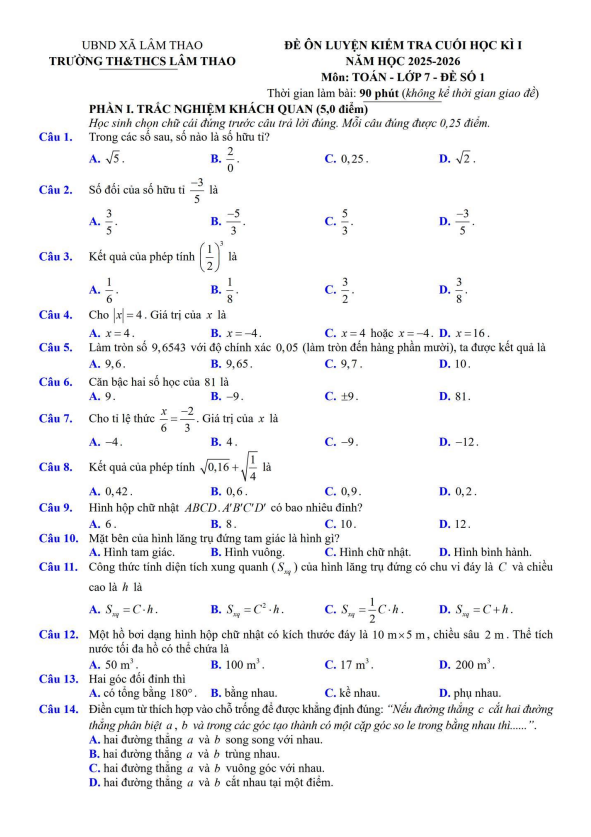 đề ôn luyện cuối kì 1 toán 7 năm 2025 – 2026 trường th&thcs lâm thao – bắc ninh