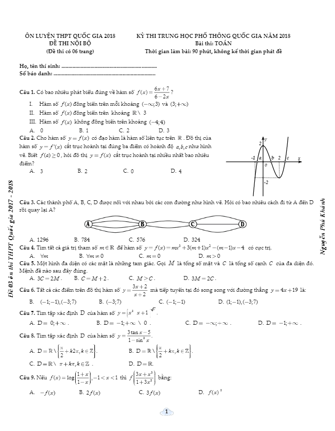 đề ôn luyện thpt quốc gia 2018 môn toán – nguyễn phú khánh lần 3