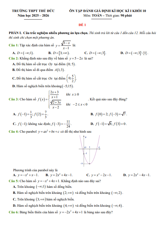 đề ôn tập cuối học kì 1 toán 10 năm 2025 – 2026 trường thpt thủ đức – tp hcm