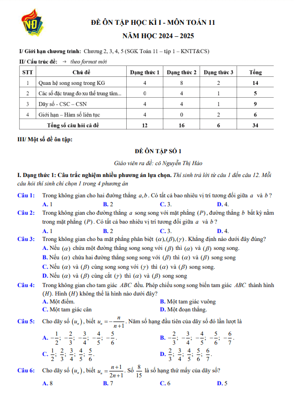 đề ôn tập cuối học kì 1 toán 11 năm 2024 – 2025 trường thpt việt đức – hà nội
