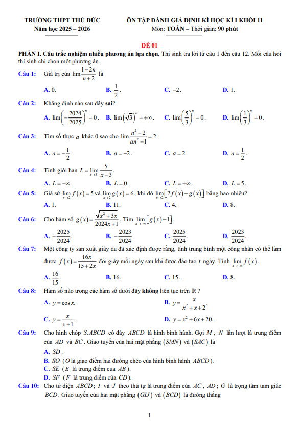 đề ôn tập cuối học kì 1 toán 11 năm 2025 – 2026 trường thpt thủ đức – tp hcm