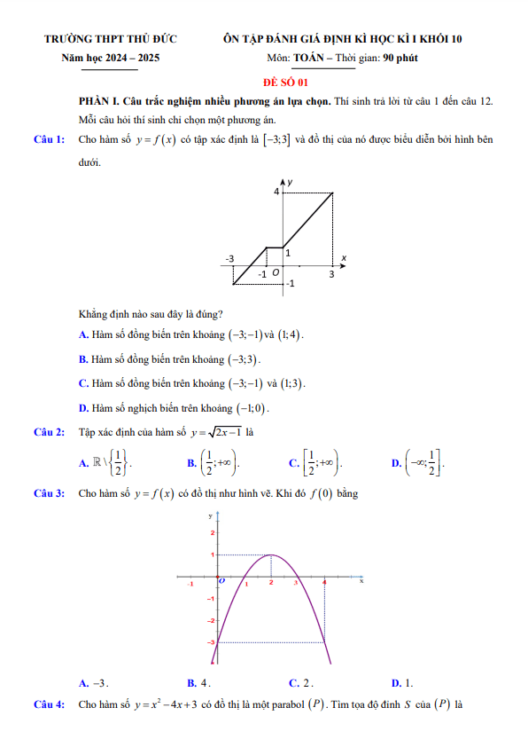 đề ôn tập cuối kì 1 toán 10 năm 2024 – 2025 trường thpt thủ đức – tp hcm