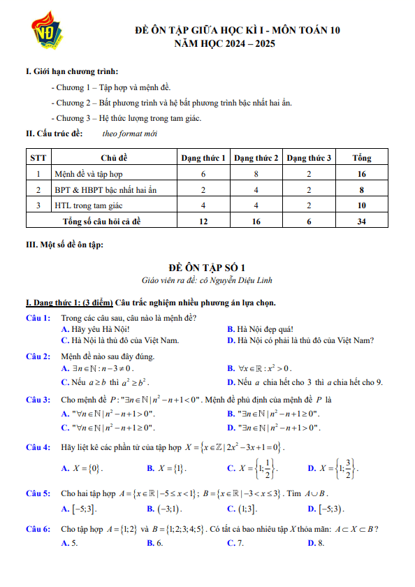 đề ôn tập giữa học kì 1 toán 10 năm 2024 – 2025 trường thpt việt đức – hà nội