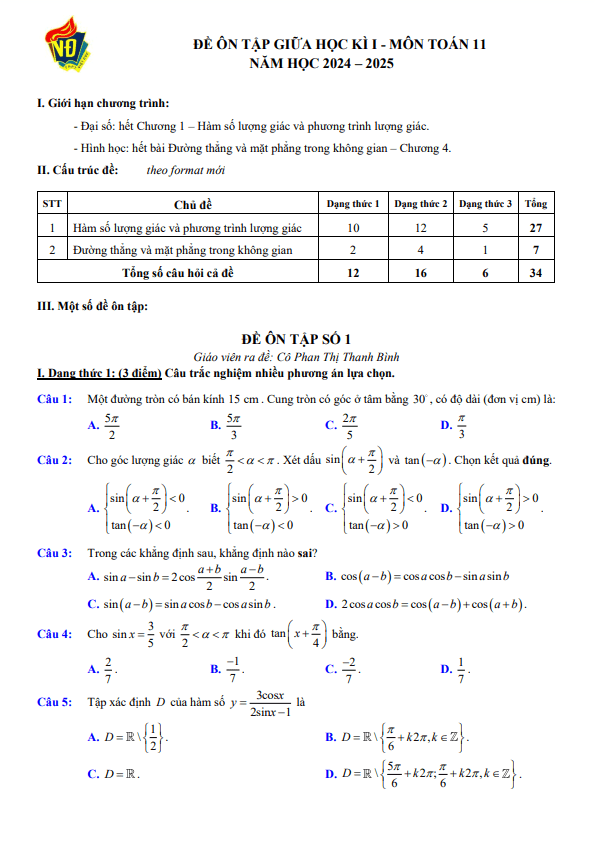 đề ôn tập giữa học kì 1 toán 11 năm 2024 – 2025 trường thpt việt đức – hà nội
