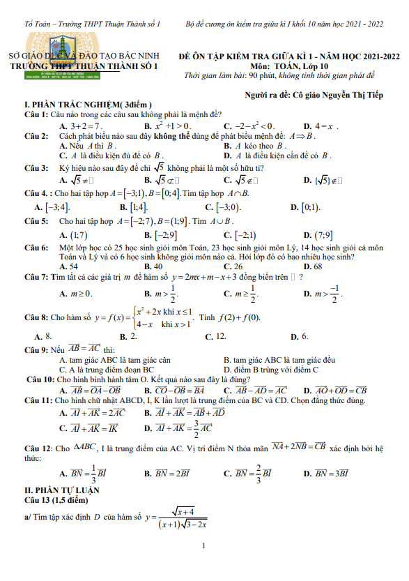đề ôn tập giữa kì 1 toán 10 năm 2021 – 2022 trường thuận thành 1 – bắc ninh