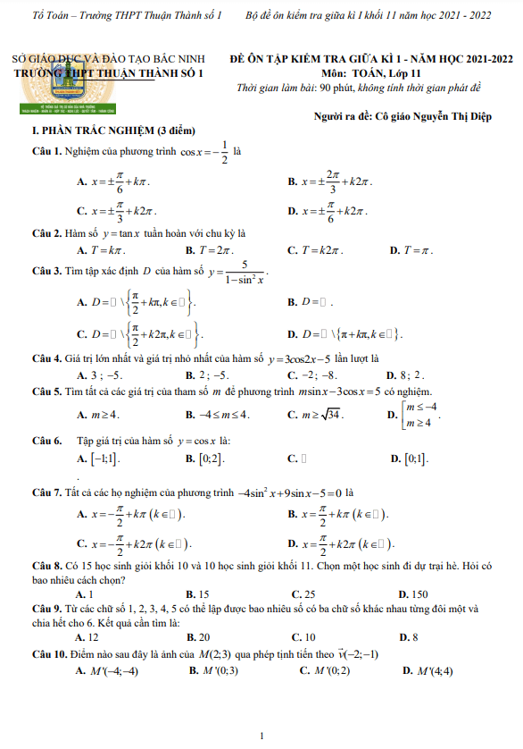 đề ôn tập giữa kì 1 toán 11 năm 2021 – 2022 trường thuận thành 1 – bắc ninh