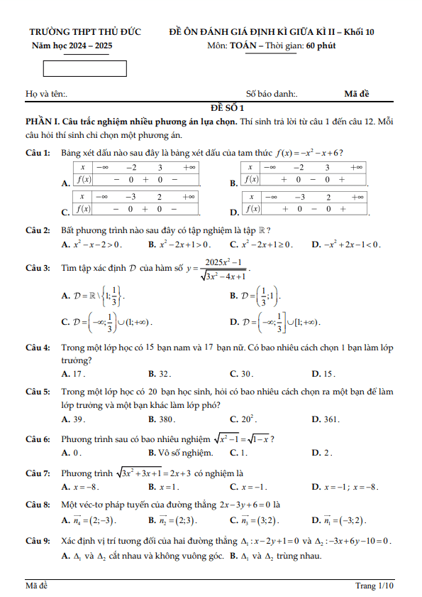 đề ôn tập giữa kì 2 toán 10 năm 2024 – 2025 trường thpt thủ đức – tp hcm
