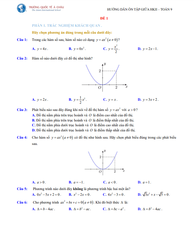 đề ôn tập giữa kì 2 toán 9 năm 2024 – 2025 trường quốc tế á châu – tp hcm